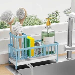 Cisily Blue Sponge Holder for Kitchen Sink, Sink Caddy Organizer with High Brush Holder, Kitchen Countertop Rustproof 304 Stainless Steel, Soap Dispenser Kitchen Organizers and Storage Essentials
