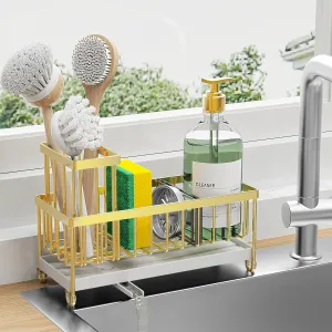 Cisily Sponge Holder for Kitchen Sink, Sink Caddy with High Brush Holder, Organzier Rustproof 304 Stainless Steel Dish Organizer Divider, Soap Dispenser Storage(Gold)