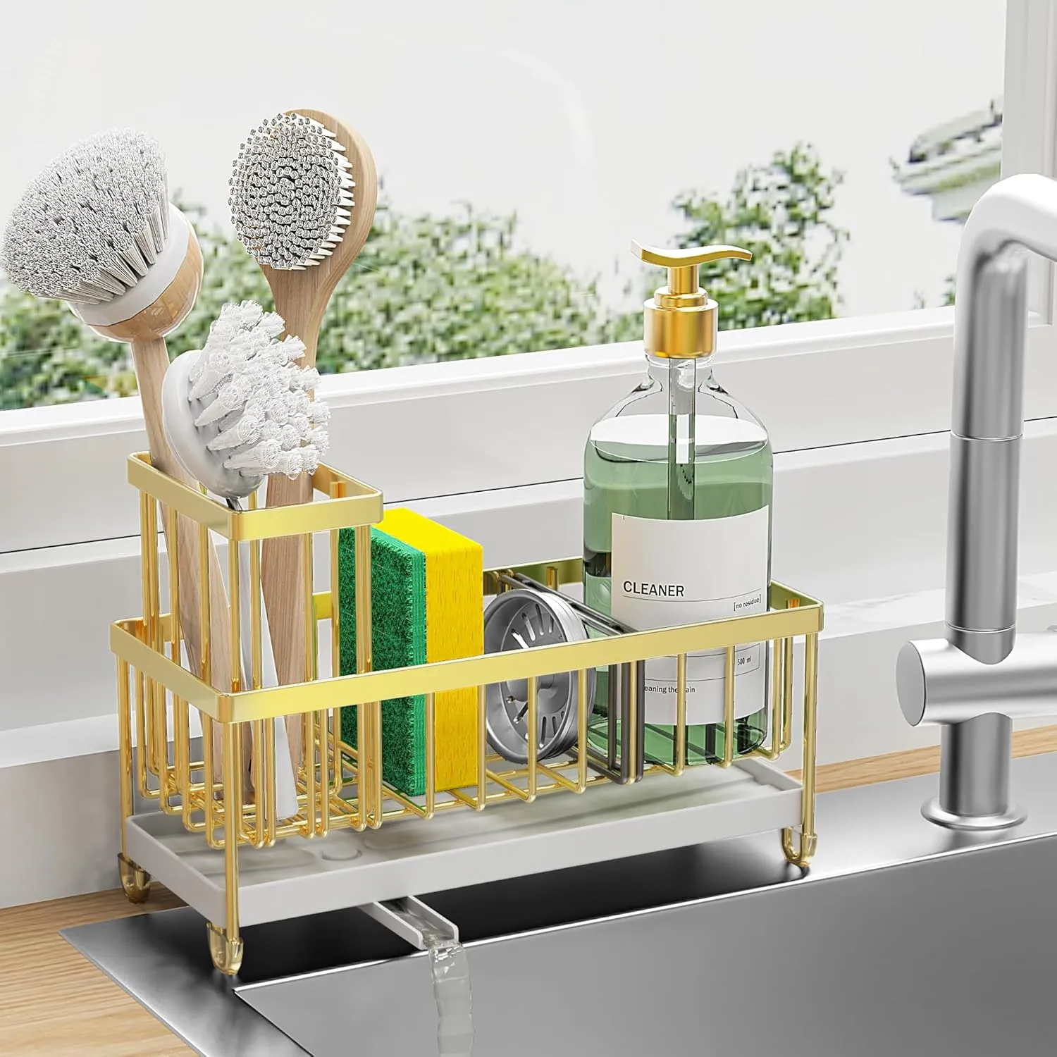 Cisily Sponge Holder for Kitchen Sink, Sink Caddy with High Brush Holder, Organzier Rustproof 304 Stainless Steel Dish Organizer Divider, Soap Dispenser Storage(Gold)