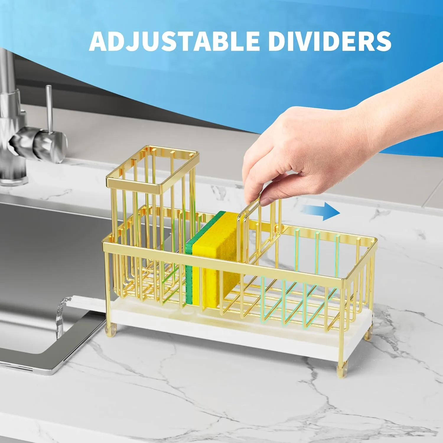 Cisily Sponge Holder for Kitchen Sink, Sink Caddy with High Brush Holder, Organzier Rustproof 304 Stainless Steel Dish Organizer Divider, Soap Dispenser Storage(Gold)