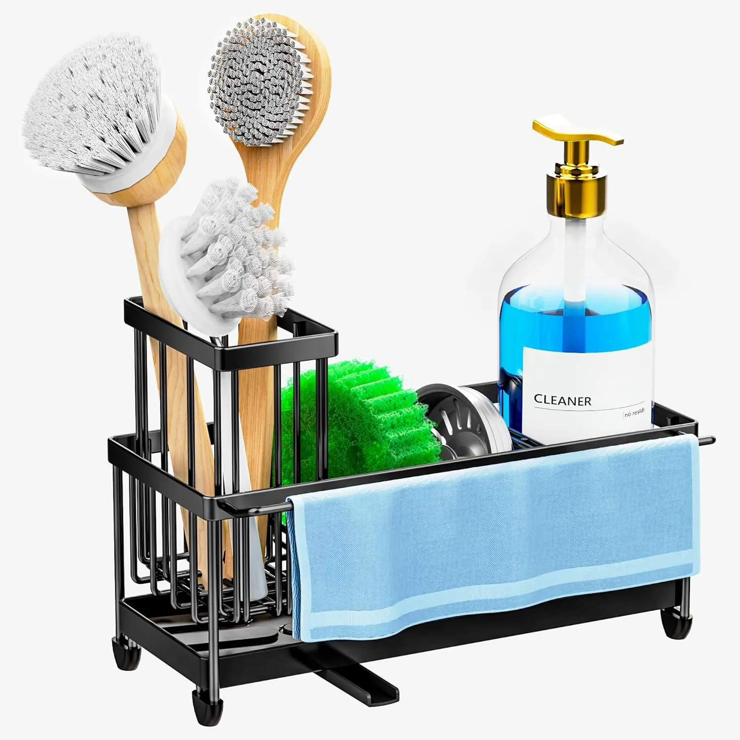 Cisily Sponge Holder for Kitchen Sink with Towel Rack, Sink Caddy with Kitchen High Brush Holder, Organzier Rustproof 304 Stainless Steel Dish Organizer Divider, Soap Dispenser Storage