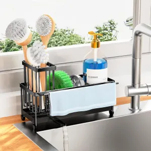 Cisily Sponge Holder for Kitchen Sink with Towel Rack, Sink Caddy with Kitchen High Brush Holder, Organzier Rustproof 304 Stainless Steel Dish Organizer Divider, Soap Dispenser Storage