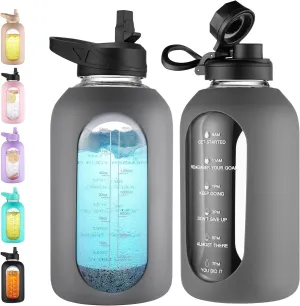 CIVAGO 64 oz Glass Water Bottle Jug with Straw and Handle, Half Gallon Sports Motivational Water Bottle with Time Marker, Wide Mouth Water Flask Canteen with Silicone Sleeve for Gym,Gray