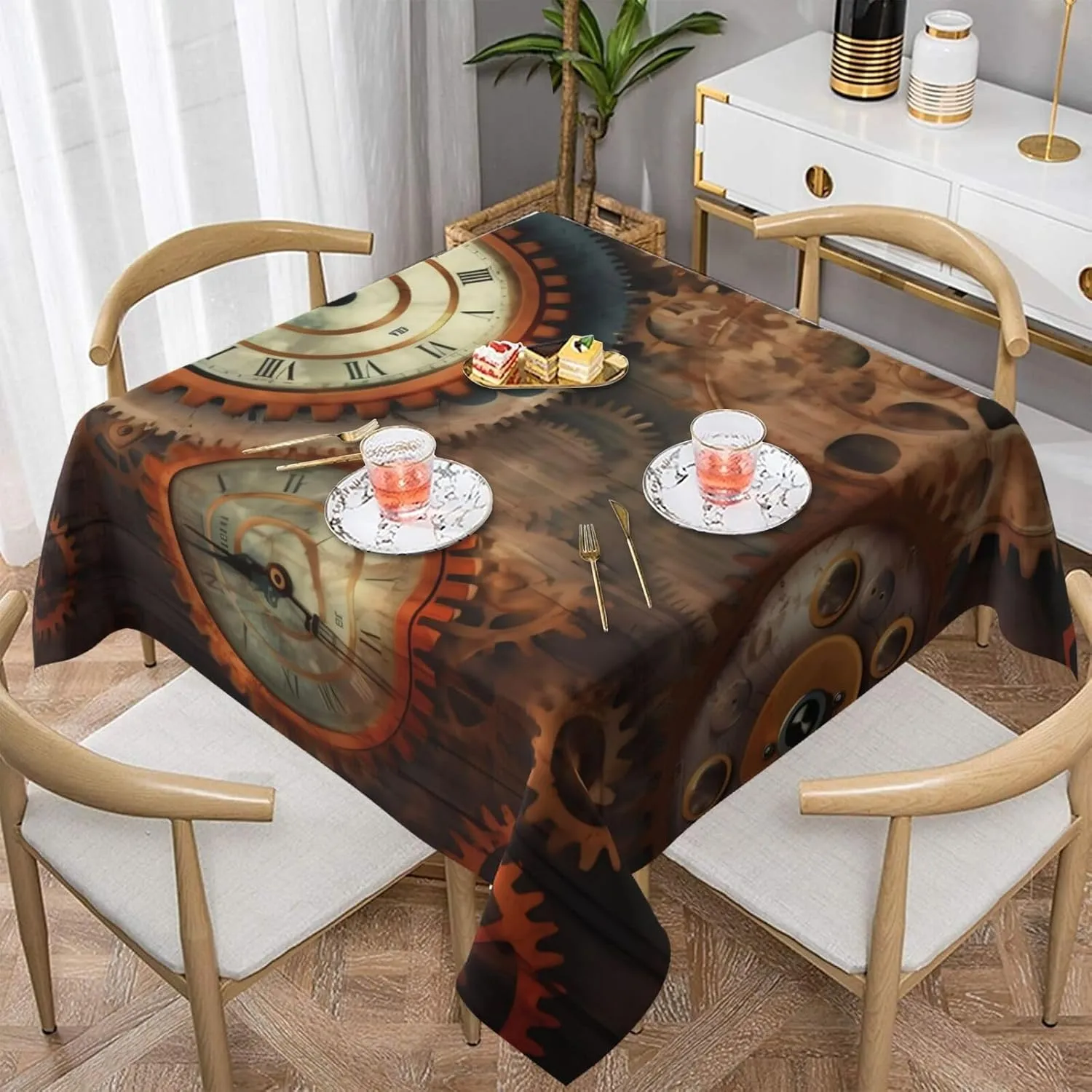 Clocks and Gears Print Square Tablecloth Washable Table Cove Polyester Fabric Table Cloth for Restaurant, Picnic, Indoor and Outdoor Dining 54"X54"