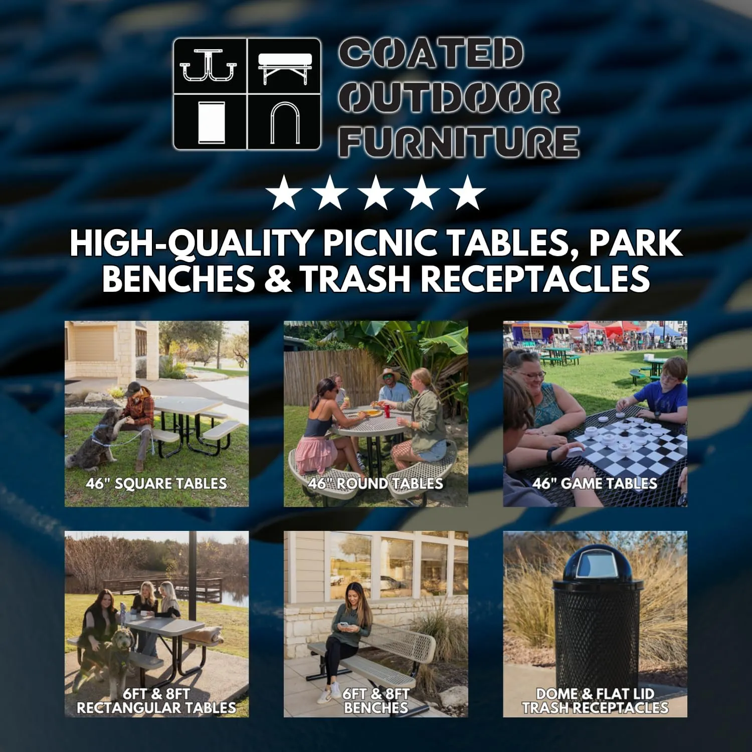 Coated Outdoor Furniture Heavy-Duty Portable Outdoor Picnic Table, Thermoplastic Coated Expanded Metal Commercial-Grade Patio Dining Furniture Made in America (6ft Rectangular, Textured Light Blue)