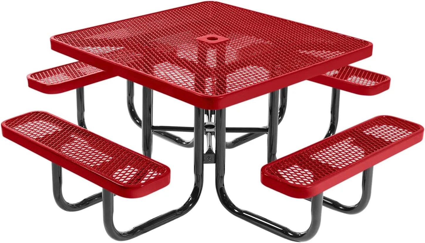 Coated Outdoor Furniture Heavy-Duty Portable Outdoor Picnic Table with Umbrella Hole, Expanded Metal Commercial-Grade Patio Dining Furniture Made in America (46" Square Top, Textured Red)