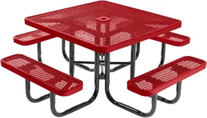 Coated Outdoor Furniture Heavy-Duty Portable Outdoor Picnic Table with Umbrella Hole, Expanded Metal Commercial-Grade Patio Dining Furniture Made in America (46" Square Top, Textured Red)