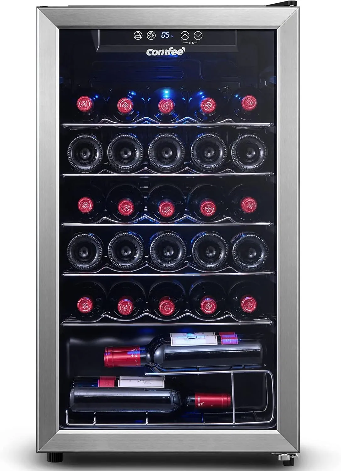 COMFEE' CRW29S3AST Freestanding Wine Cellar, 29 Bottle Wine Cooler Refrigerators, Quiet Operation Compressor, Glass Door Stainless Steel Frame For Red&White Wine&Beer,Black