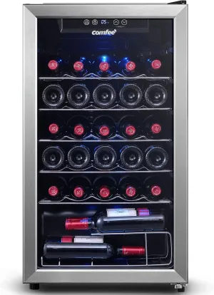 COMFEE' CRW29S3AST Freestanding Wine Cellar, 29 Bottle Wine Cooler Refrigerators, Quiet Operation Compressor, Glass Door Stainless Steel Frame For Red&White Wine&Beer,Black