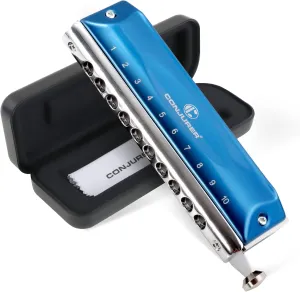 CONJURER Chromatic Harmonica Valvelessfor Kids Adult Beginners 10 Hole Harmonica Key of C Stainless Steel Mouth Organ with Brass Reed in Case, C Key Blue