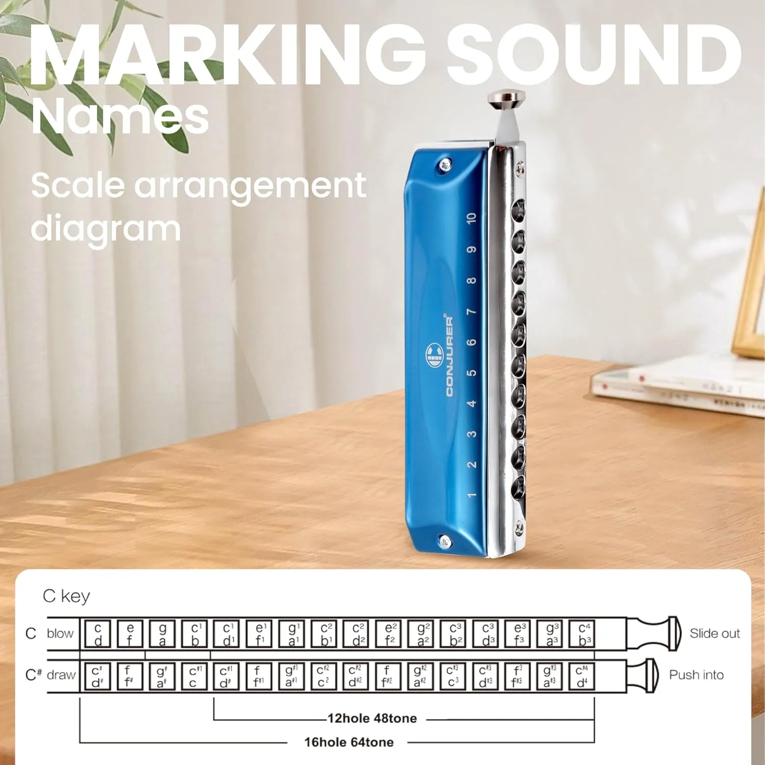 CONJURER Chromatic Harmonica Valvelessfor Kids Adult Beginners 10 Hole Harmonica Key of C Stainless Steel Mouth Organ with Brass Reed in Case, C Key Blue