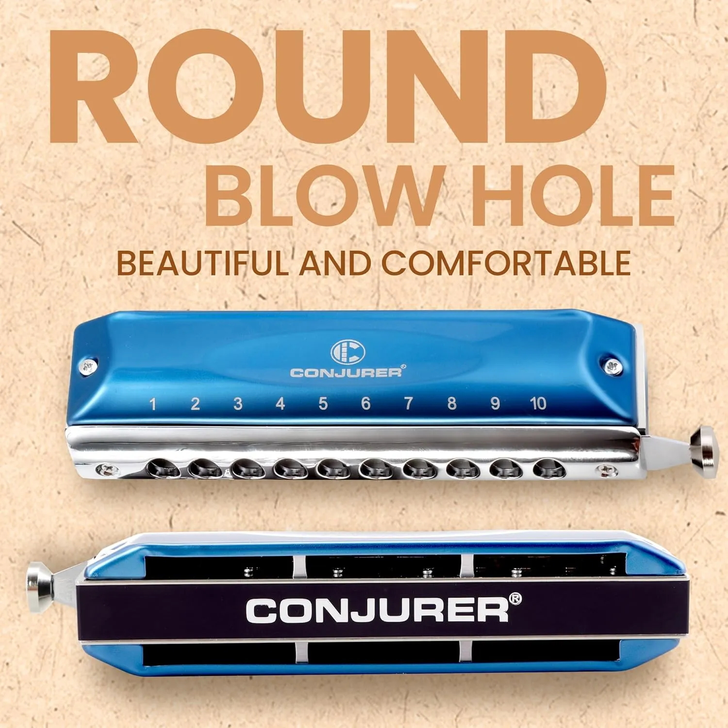 CONJURER Chromatic Harmonica Valvelessfor Kids Adult Beginners 10 Hole Harmonica Key of C Stainless Steel Mouth Organ with Brass Reed in Case, C Key Blue