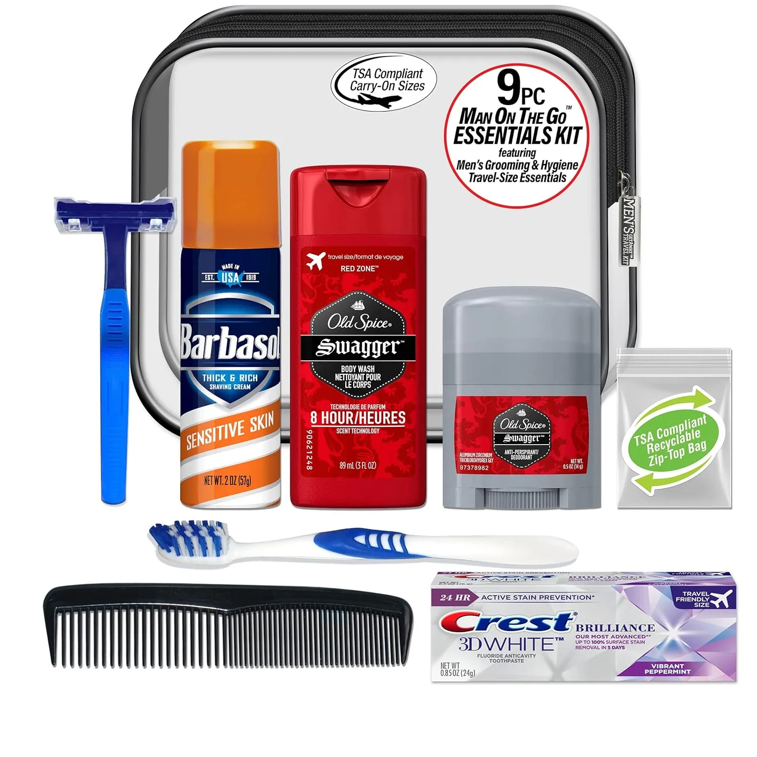 Convenience Kits International Men's Deluxe, 9-Piece Kit with Travel Size TSA Compliant Essentials , Featuring: Old Spice Products in Reuseable Toiletry Bag