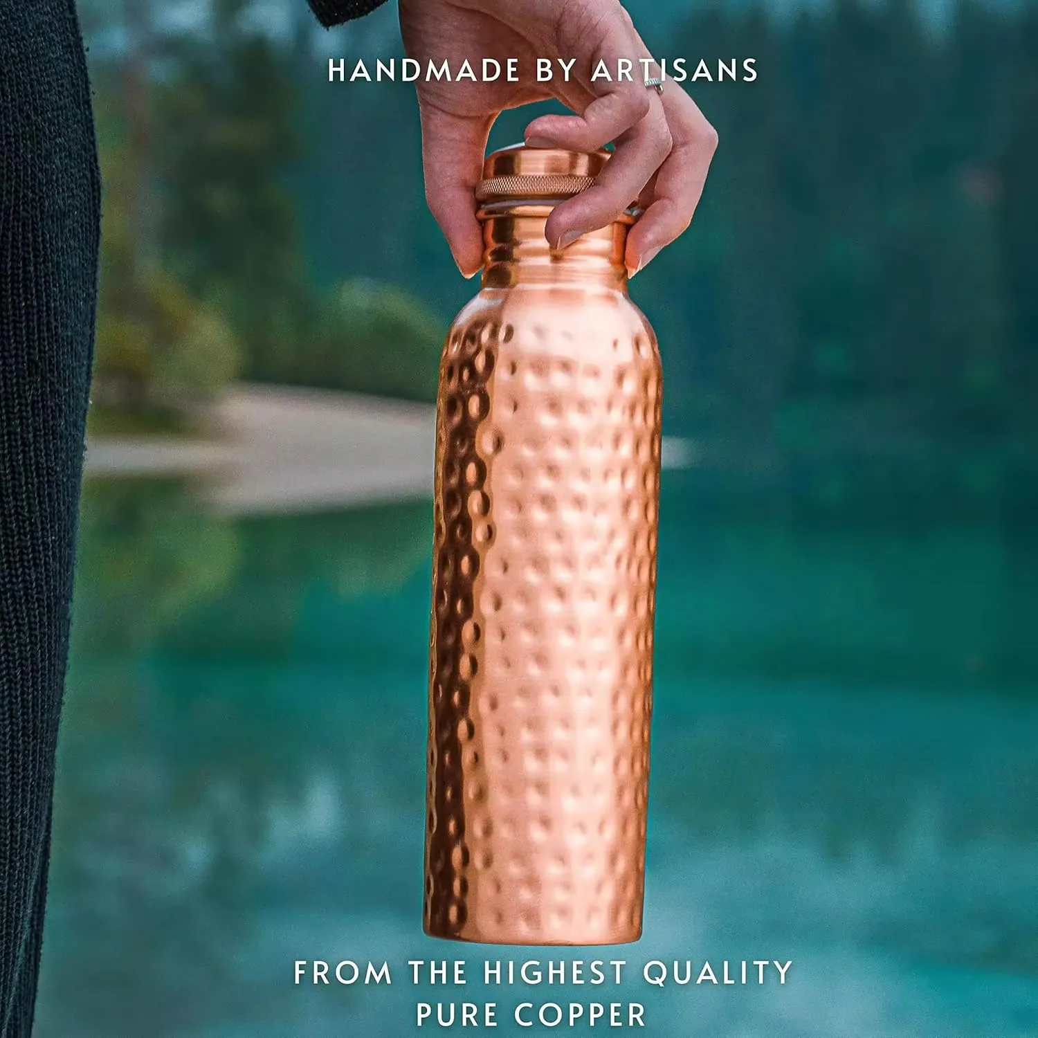 Copper Hammered Water Bottle, 34 Oz large | Ayurvedic copper vessel for Water | Promote health benefits like better Digestion and Clear Skin