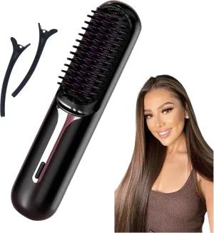 Cordless Hair Straightener Brush – Portable USB Rechargeable, 4 Heat Levels, Anti-Scald, Lightweight Mini Styling Tool for Women, Travel & Home Use, 2 Hair Clips, Black