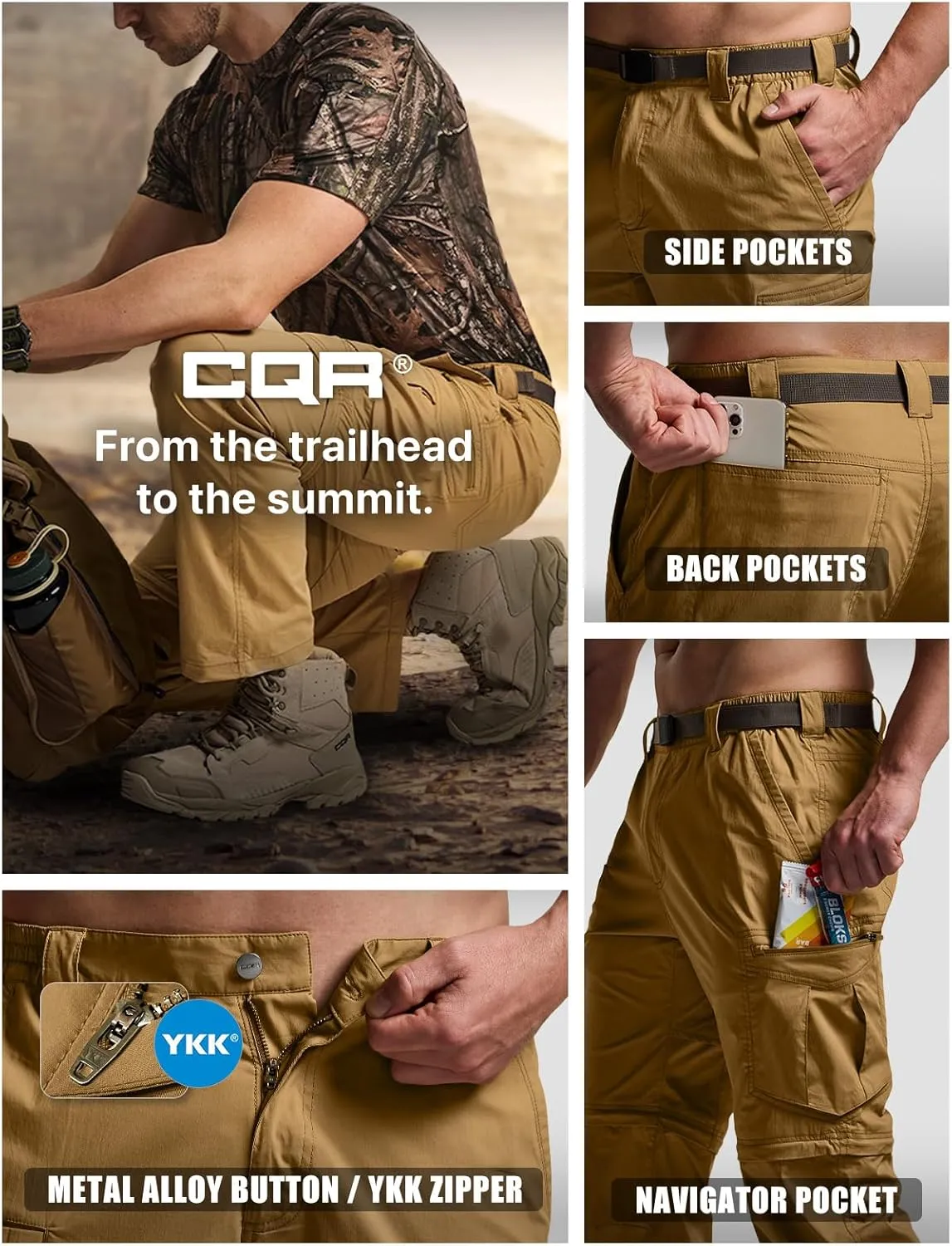 CQR Men's Convertible Cargo Tactical Pants, Water Resistant Outdoor Hiking Pants, Zip Off Lightweight Stretch Work Pants