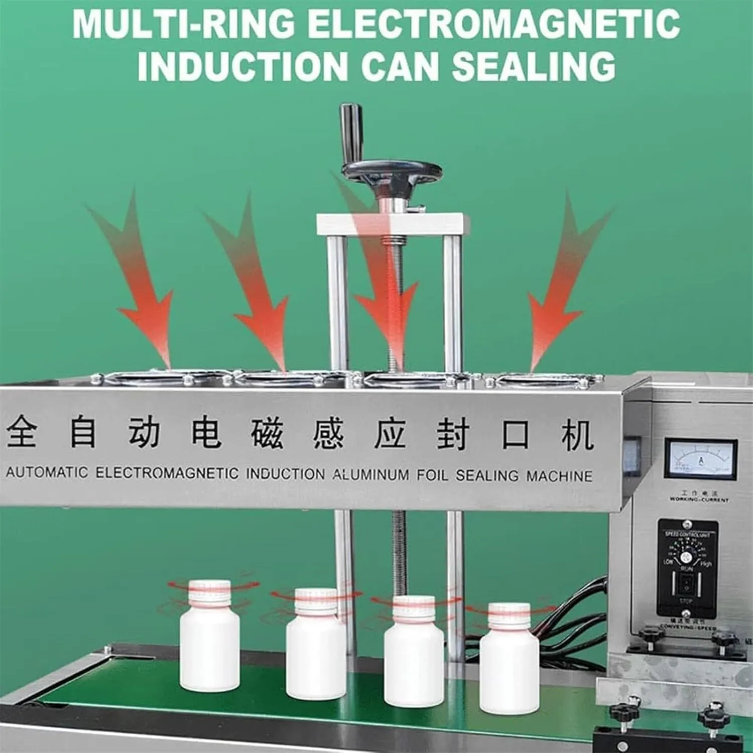 cup sealing machine 2200W Automatic Aluminum Foil Sealing Machine Continuous Electromagnetic Induction Band Bag Sealer Plastic Bottle Cap Sealer Auto Continuous Sealing Machine,Diameter60-130mm(120mm)
