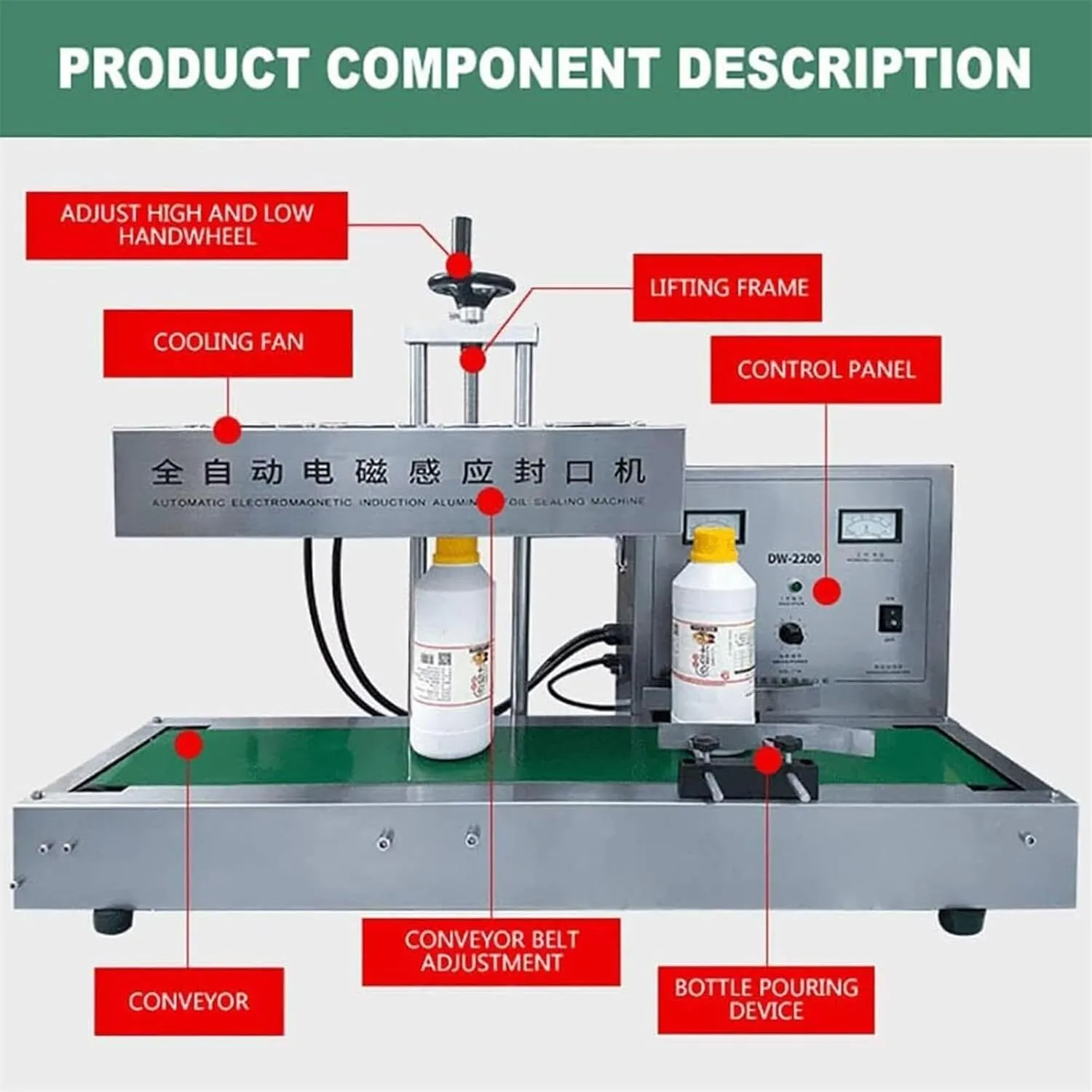 cup sealing machine 2200W Automatic Aluminum Foil Sealing Machine Continuous Electromagnetic Induction Band Bag Sealer Plastic Bottle Cap Sealer Auto Continuous Sealing Machine,Diameter60-130mm(120mm)