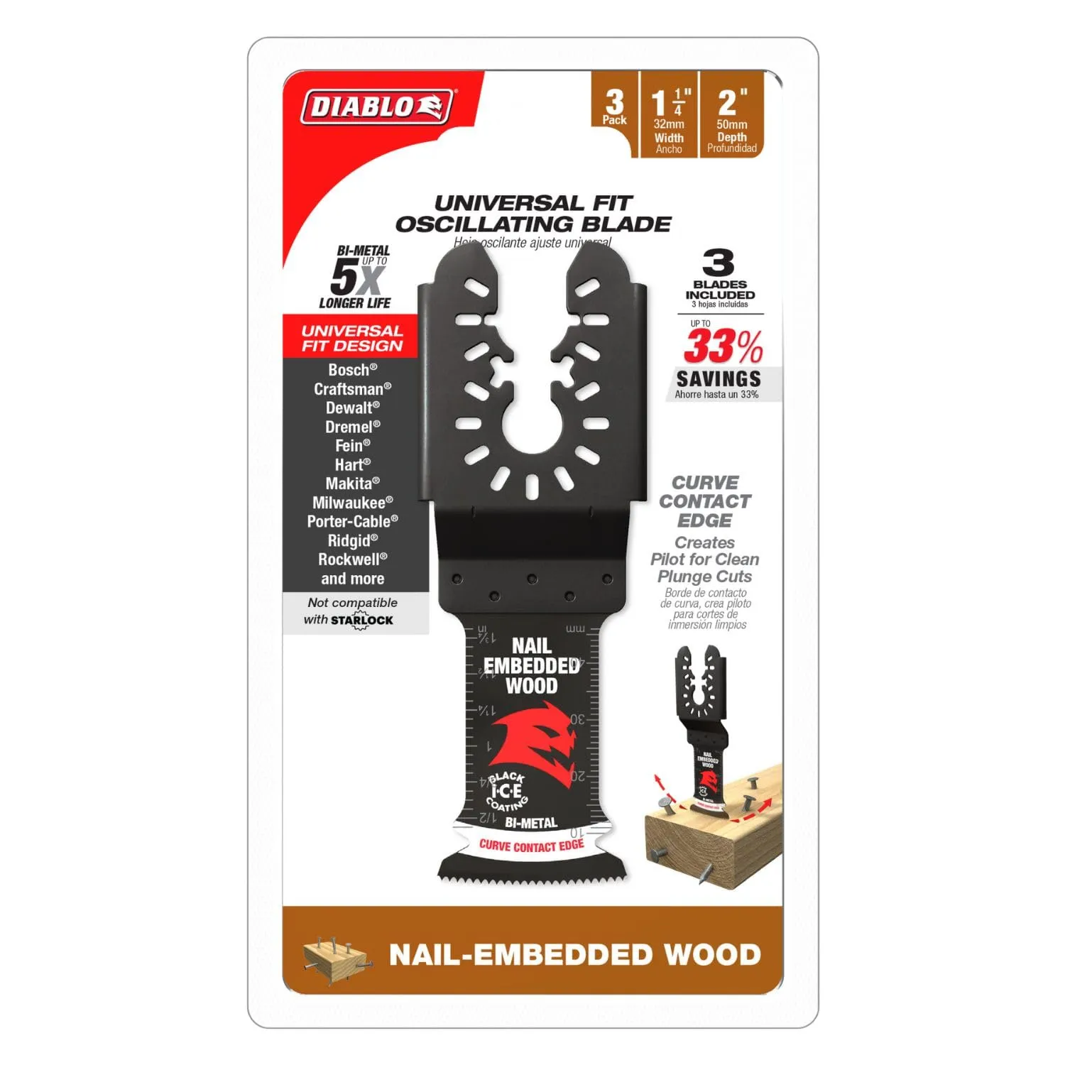 Diablo Demo Demon Universal Fit Bi-Metal Oscillating Tool Blade for Nail-Embedded Wood - 1-1/4" Cutting Width, 2" Cutting Depth, 3-Pack - DOU125BW3