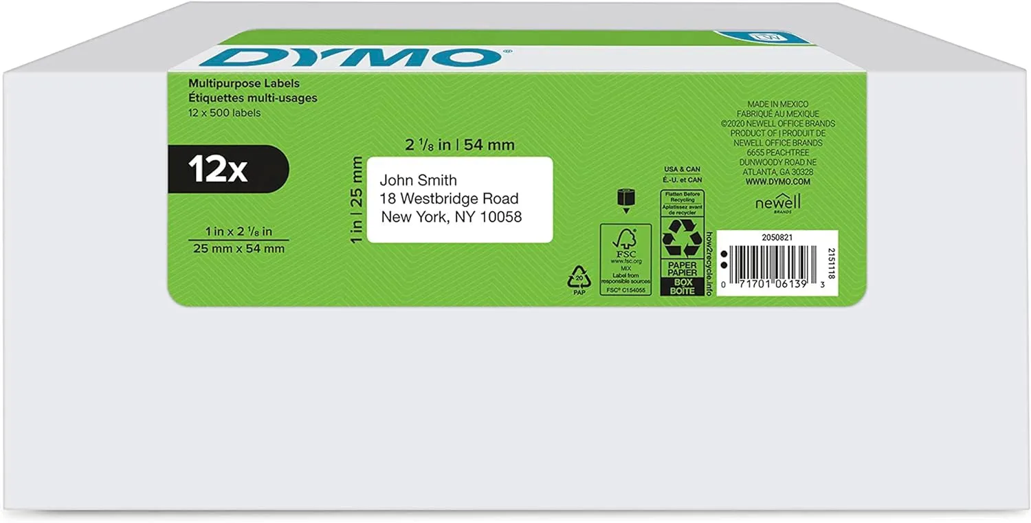 DYMO Authentic LW Multi-Purpose Labels for LabelWriter Label Printers, White, 1" x 2-1/8", 12 rolls of 500 (6000 Total)