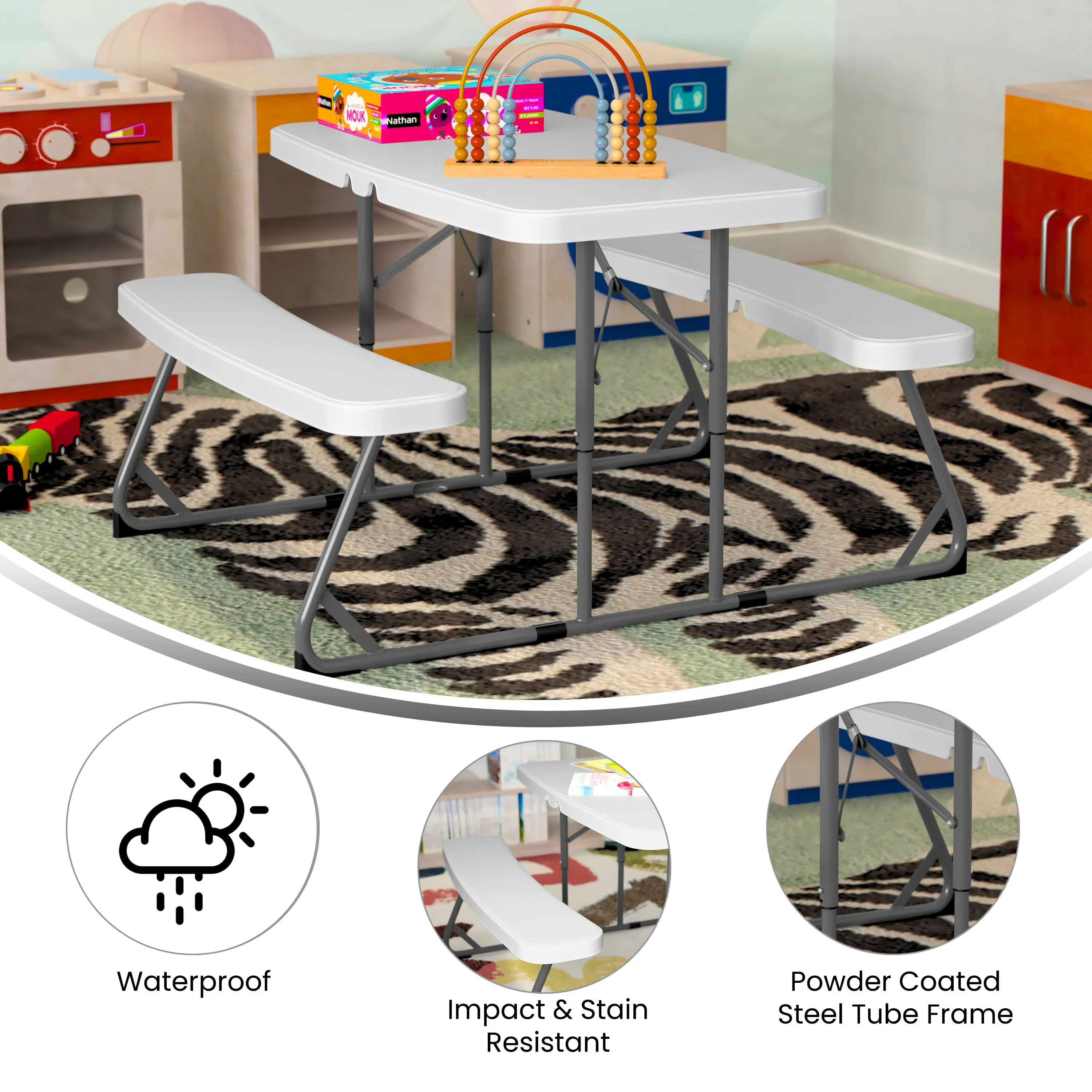 Easy-Fold Folding Plastic Kids Outdoor Picnic Table and Benches - Commercial Grade - Recommended for up to Age 5