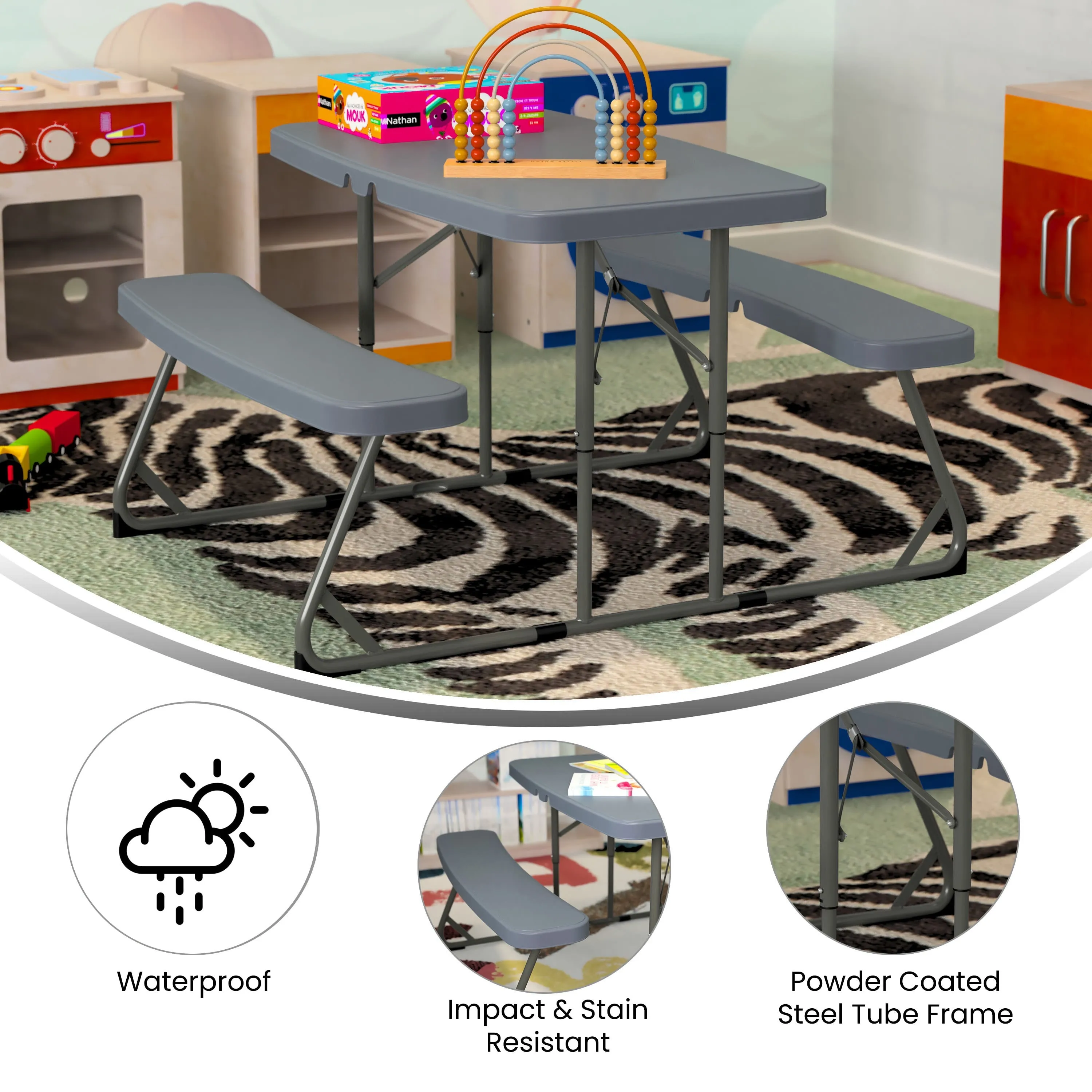 Easy-Fold Folding Plastic Kids Outdoor Picnic Table and Benches - Commercial Grade - Recommended for up to Age 5
