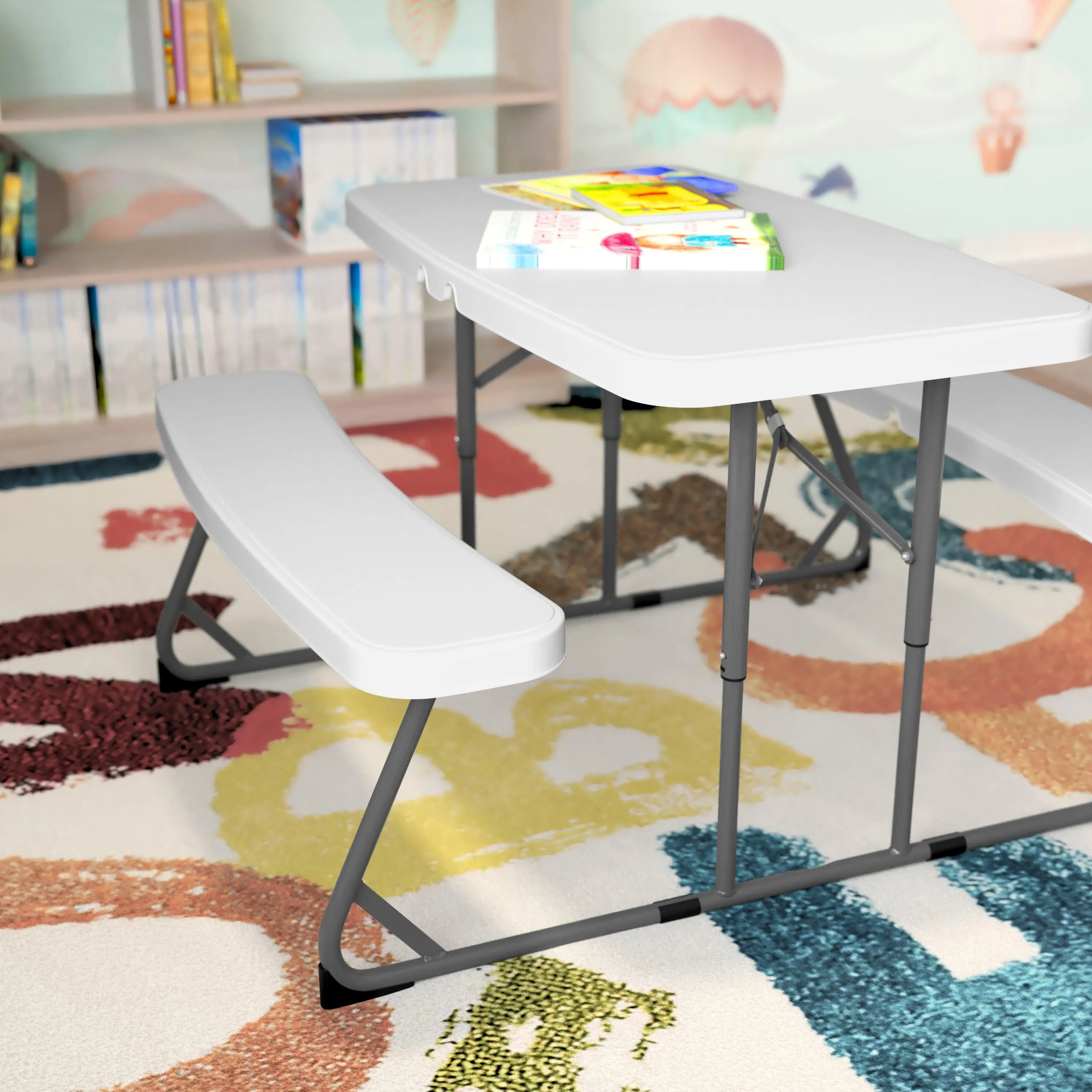 Easy-Fold Folding Plastic Kids Outdoor Picnic Table and Benches - Commercial Grade - Recommended for up to Age 5