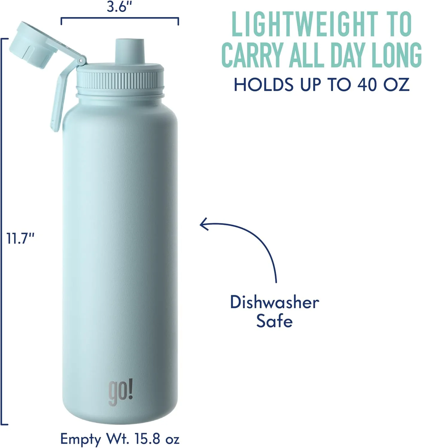 EGB 40oz Stainless Steel Sports Bottle with Triple Insulation & Copper Lining – Keeps Drinks Cold for 18 Hours & Hot for 6 – Threaded Lid with Attached Cap, Carrying Handle and Sweat-Free (Light Blue)