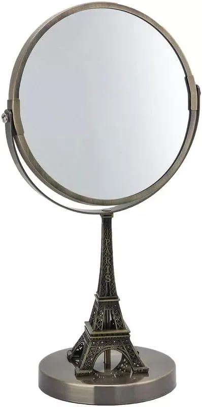 Eiffel Tower Embroidered Vanity Mirror Rustic Brushed Gold Finish, Double-Sided, Standard & 3X Magnification. The Parisians Lifestyle Collection