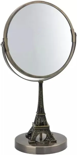 Eiffel Tower Embroidered Vanity Mirror Rustic Brushed Gold Finish, Double-Sided, Standard & 3X Magnification. The Parisians Lifestyle Collection