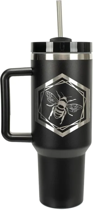 Elanze Designs Hexagon Honey Queen Bumble Bee 40 oz. Stainless Steel, Large Water Bottle Coffee Mug, Spill & Leak Resistant, Thermal Travel Tumbler with Handle, Lid & Straw, Black