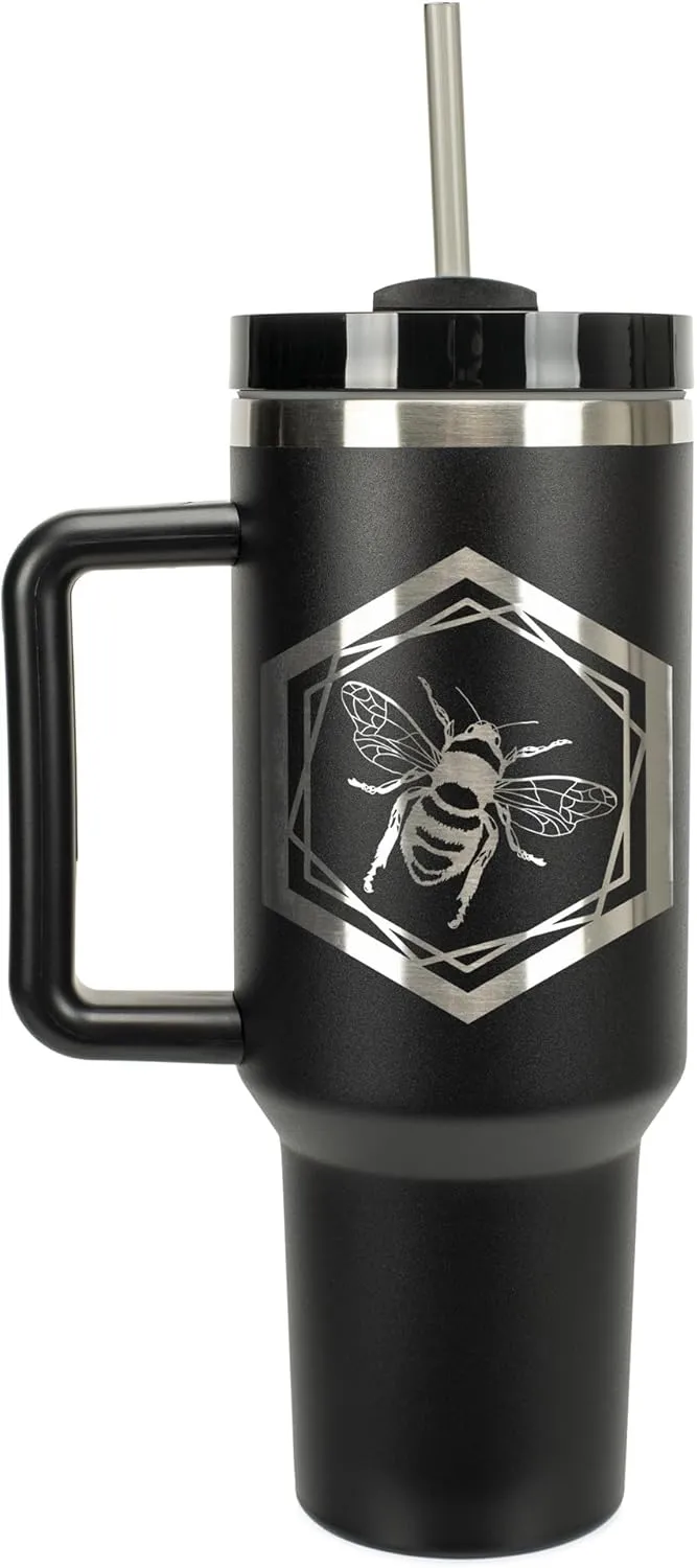 Elanze Designs Hexagon Honey Queen Bumble Bee 40 oz. Stainless Steel, Large Water Bottle Coffee Mug, Spill & Leak Resistant, Thermal Travel Tumbler with Handle, Lid & Straw, Black