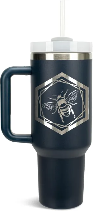 Elanze Designs Hexagon Honey Queen Bumble Bee 40 oz. Stainless Steel, Large Water Bottle Coffee Mug, Spill & Leak Resistant, Thermal Travel Tumbler with Handle, Lid & Straw, Navy Blue