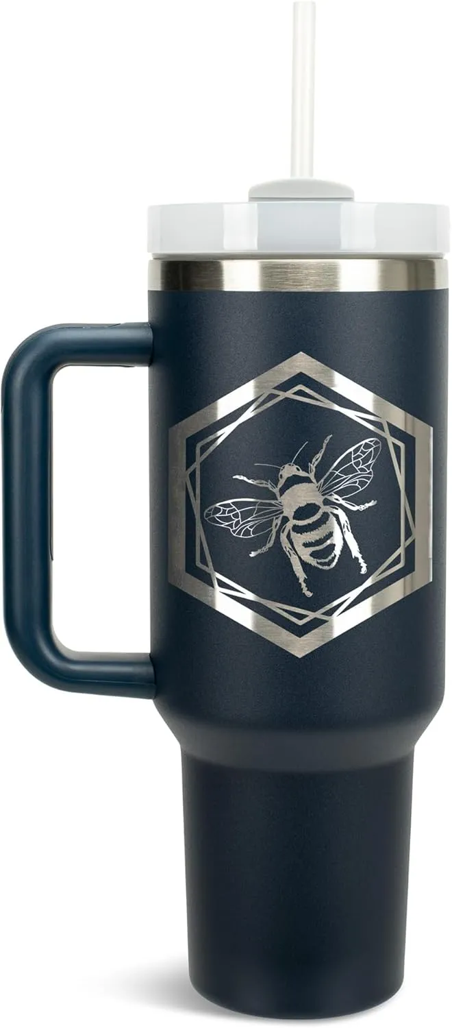 Elanze Designs Hexagon Honey Queen Bumble Bee 40 oz. Stainless Steel, Large Water Bottle Coffee Mug, Spill & Leak Resistant, Thermal Travel Tumbler with Handle, Lid & Straw, Navy Blue