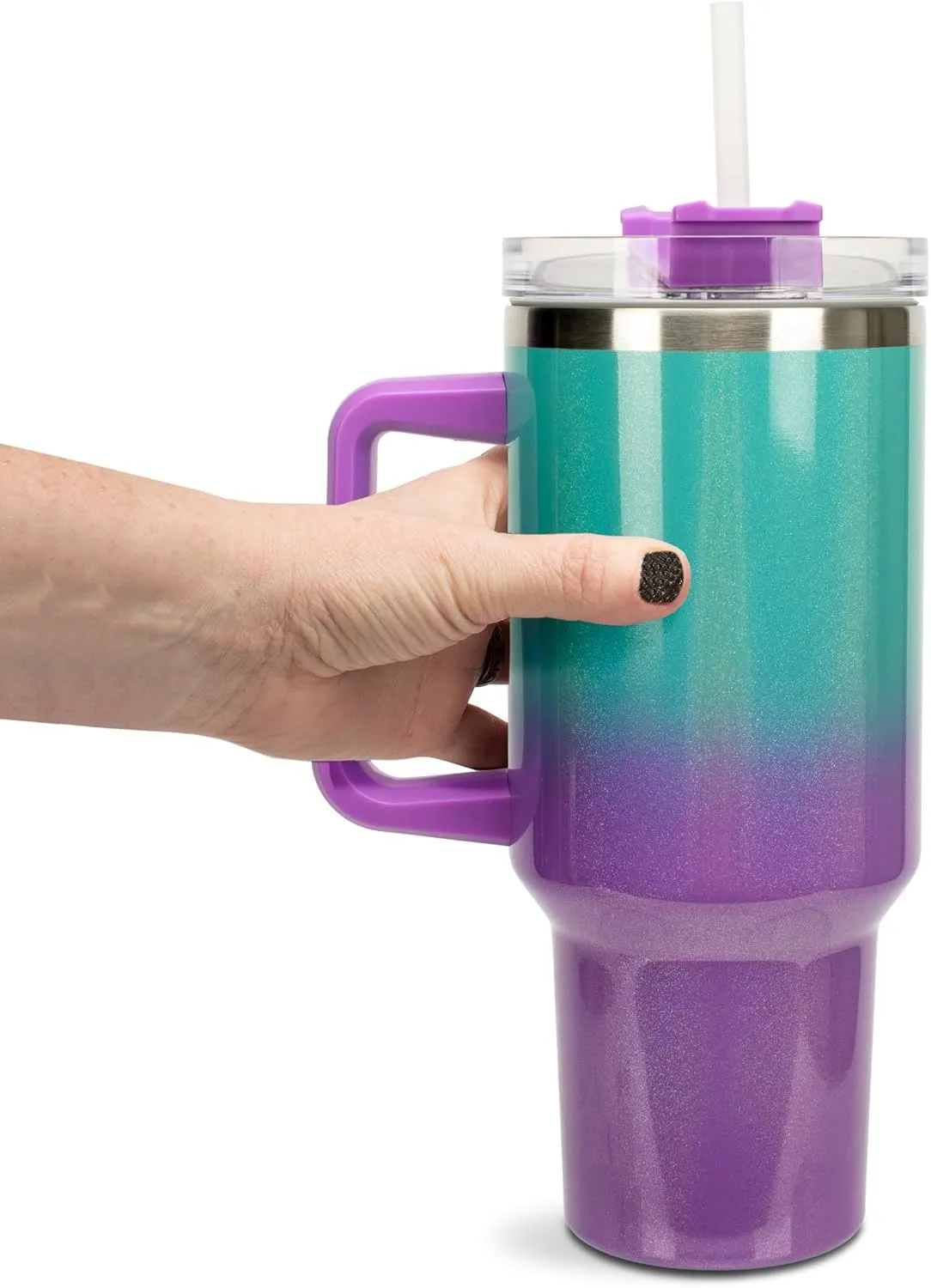 Elanze Designs Majestic Flying Dragon 40 oz. Stainless Steel, Large Water Bottle Coffee Mug, Spill & Leak Resistant, Thermal Travel Tumbler with Handle, Lid & Straw, Teal & Purple