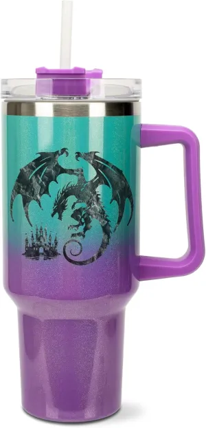 Elanze Designs Majestic Flying Dragon 40 oz. Stainless Steel, Large Water Bottle Coffee Mug, Spill & Leak Resistant, Thermal Travel Tumbler with Handle, Lid & Straw, Teal & Purple