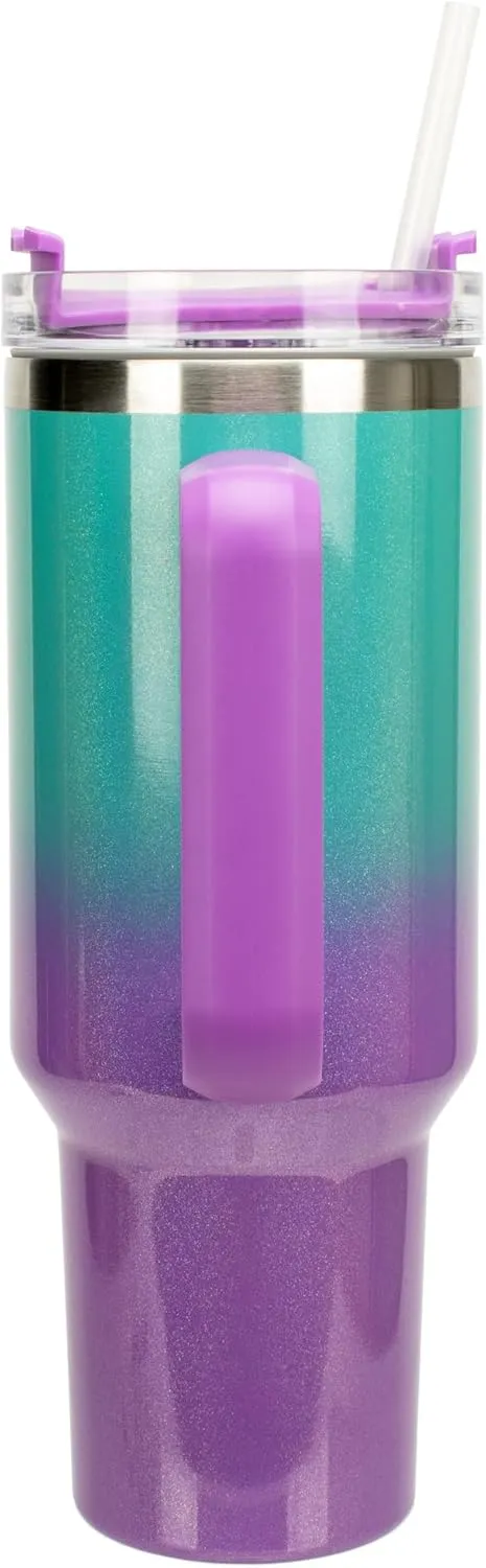 Elanze Designs Majestic Flying Dragon 40 oz. Stainless Steel, Large Water Bottle Coffee Mug, Spill & Leak Resistant, Thermal Travel Tumbler with Handle, Lid & Straw, Teal & Purple