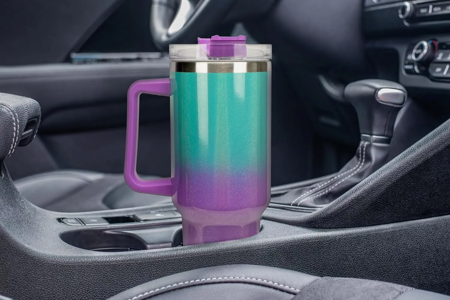 Elanze Designs Majestic Flying Dragon 40 oz. Stainless Steel, Large Water Bottle Coffee Mug, Spill & Leak Resistant, Thermal Travel Tumbler with Handle, Lid & Straw, Teal & Purple