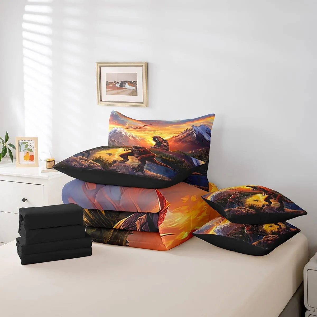 Erosebridal 3D Dinosaur Comforter Set 7 Piece Bed in a Bag Twin,Jungle Wild Animal Dino Bedding Sets Pterosaur Dinosaurios Sheet Set with Comforter
