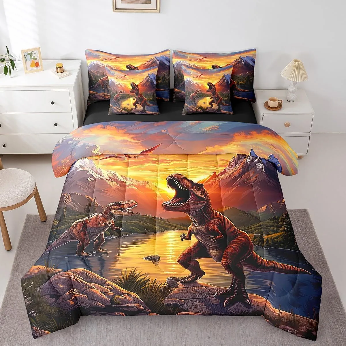 Erosebridal 3D Dinosaur Comforter Set 7 Piece Bed in a Bag Twin,Jungle Wild Animal Dino Bedding Sets Pterosaur Dinosaurios Sheet Set with Comforter