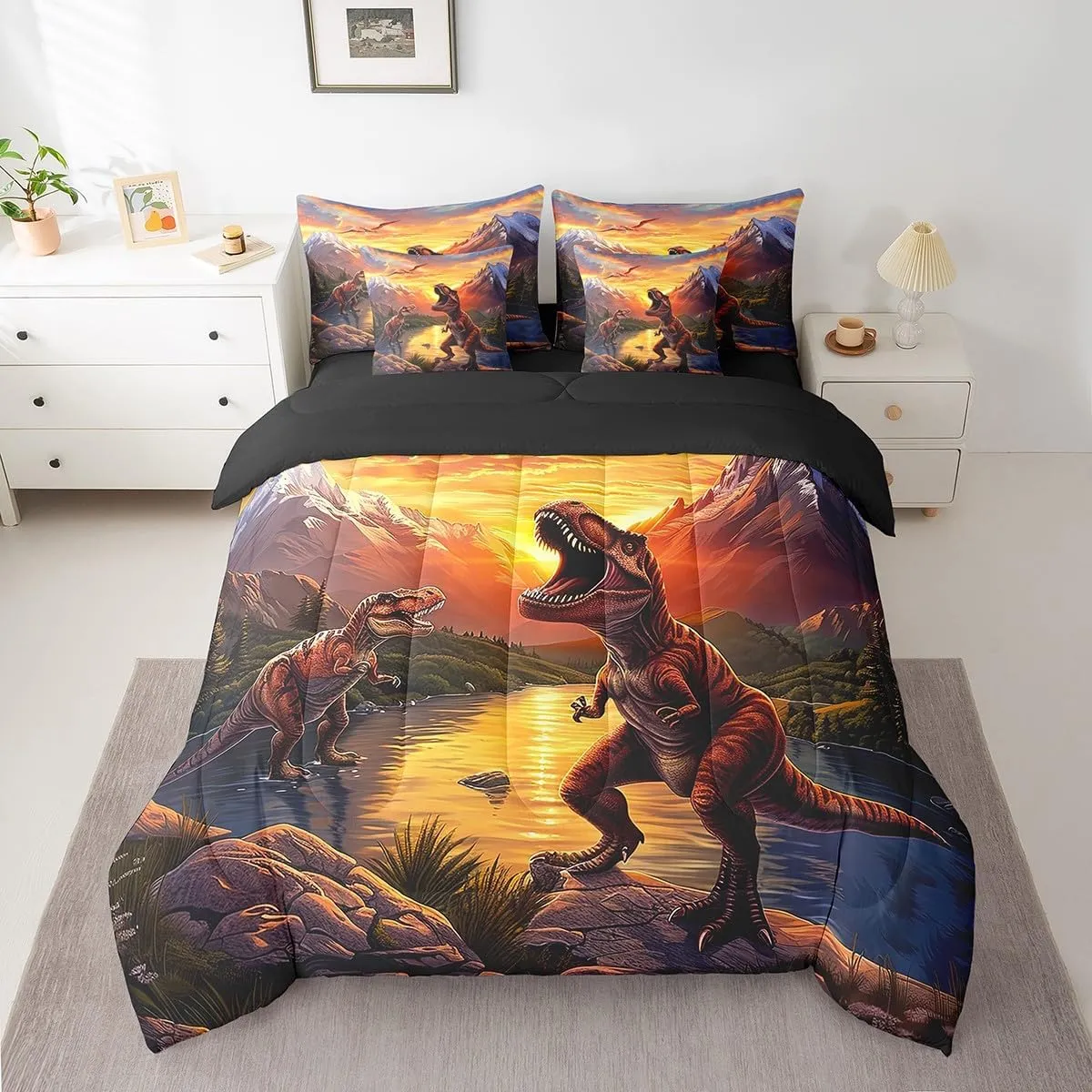 Erosebridal 3D Dinosaur Comforter Set 7 Piece Bed in a Bag Twin,Jungle Wild Animal Dino Bedding Sets Pterosaur Dinosaurios Sheet Set with Comforter