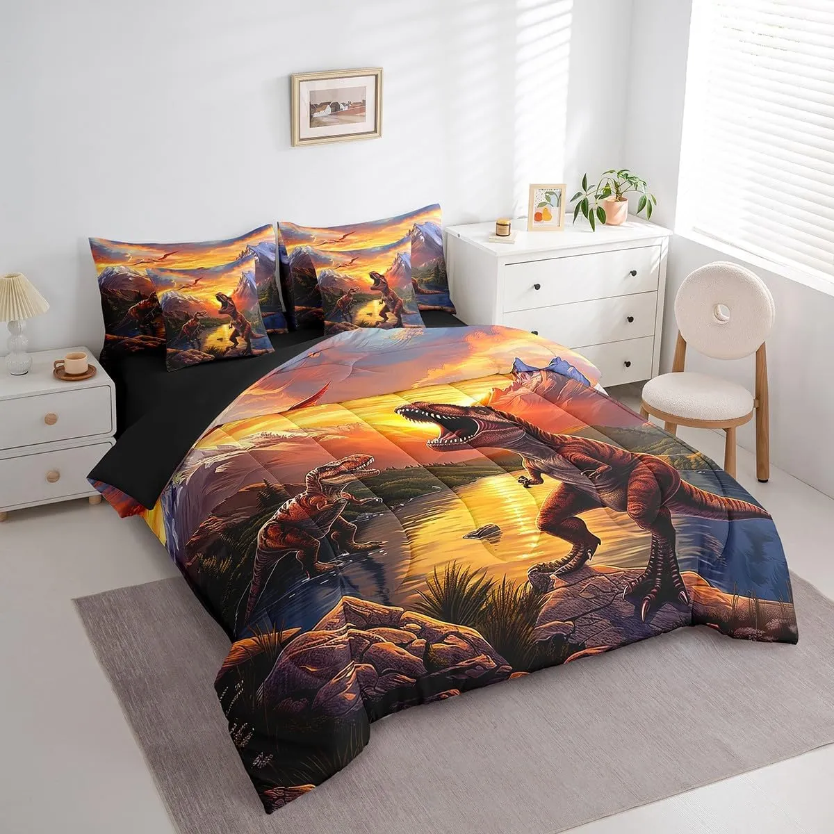 Erosebridal 3D Dinosaur Comforter Set 7 Piece Bed in a Bag Twin,Jungle Wild Animal Dino Bedding Sets Pterosaur Dinosaurios Sheet Set with Comforter
