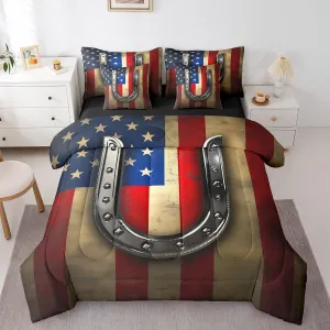 Erosebridal American Horseshoe Queen Comforter Set 7 Pieces,Bed in a Bag Queen,Grunge Retro Vintage American Flag Bedding Set with Western Animals Horse Comforter,Flat Sheet,Fitted Sheet,Pillowcasess