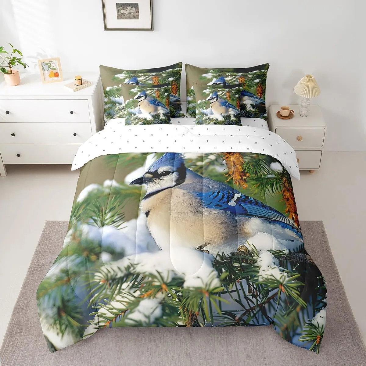 Erosebridal Blue Jay Comforter Set 7 Piece Bed in a Bag Twin,North American Birds Bedding Sets Spruce Tree Branches Sheet Set with Comforter