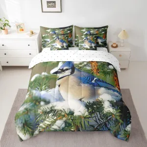 Erosebridal Blue Jay Comforter Set 7 Piece Bed in a Bag Twin,North American Birds Bedding Sets Spruce Tree Branches Sheet Set with Comforter