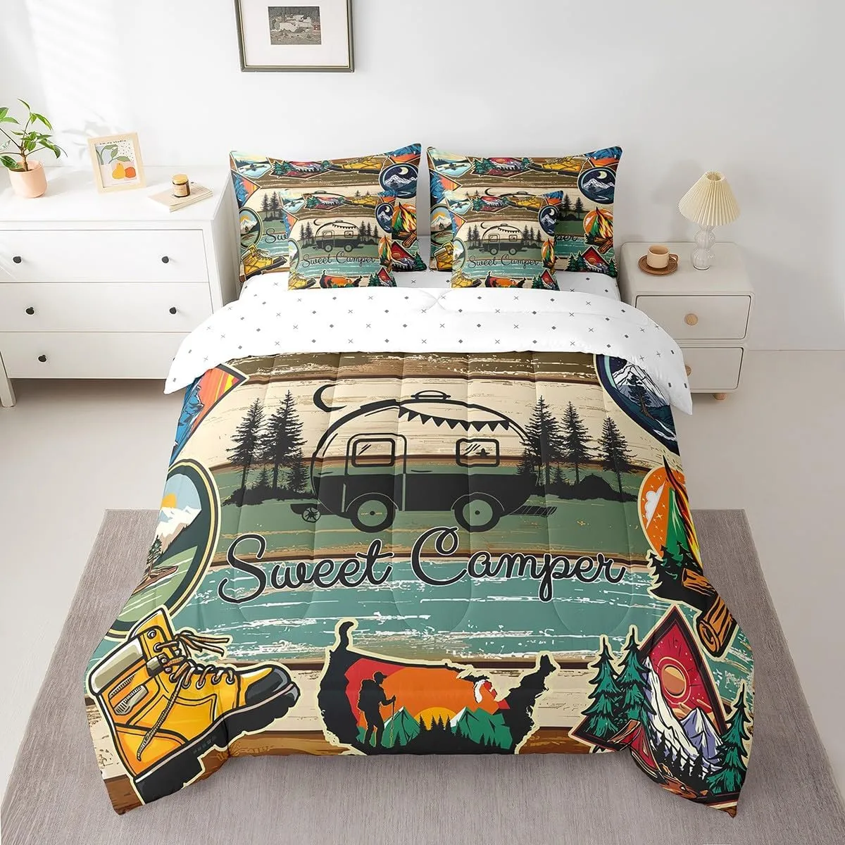 Erosebridal Camp Travel Car Comforter Set 7 Piece Bed in a Bag Twin,Happy Glamping Trailer Camper Bedding Sets Barn Cottage Cabin Camping Sheet Set with Comforter