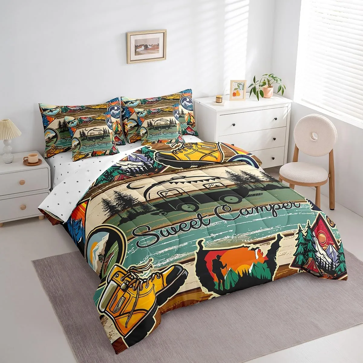 Erosebridal Camp Travel Car Comforter Set 7 Piece Bed in a Bag Twin,Happy Glamping Trailer Camper Bedding Sets Barn Cottage Cabin Camping Sheet Set with Comforter