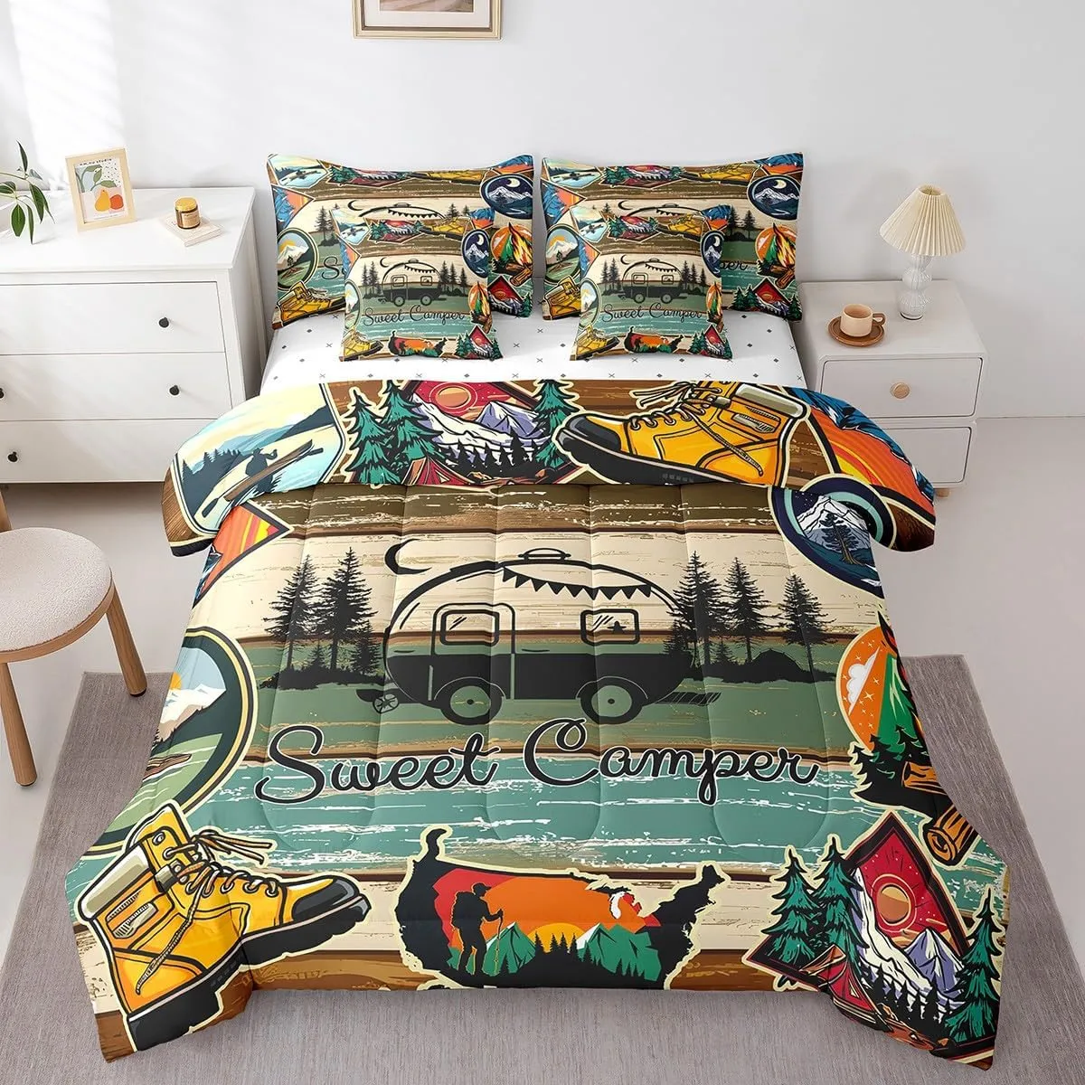 Erosebridal Camp Travel Car Comforter Set 7 Piece Bed in a Bag Twin,Happy Glamping Trailer Camper Bedding Sets Barn Cottage Cabin Camping Sheet Set with Comforter