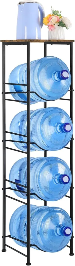 ETELI 5 Gallon Water Bottle Holder Organizer 4 Tier Water Cooler Jug Rack with Storage Shelves Water Bottle Dispenser Stand for Kitchen Living Room Office, Black and Brown