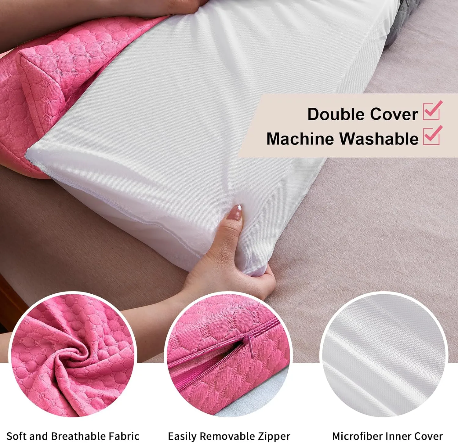 EUHAMS King Size Bed Wedge Pillow - Bed Gap Filler Mattress Wedge Headboard Pillow Close The Gap 0-7" Between Your Headboard and Mattress or Wall for Sleeping Backrest Pillow（Pink 76"x10"x6" ）